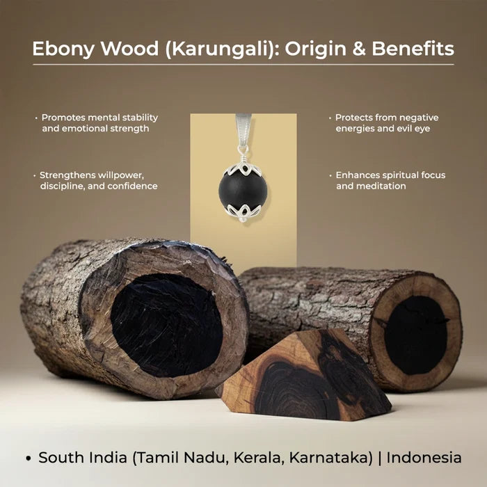 Close-up view of the Rudraksha and Karungali beads on the bracelet strand