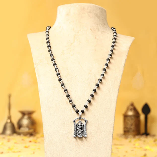 Silver-Capped Karungali Malai with Lord Venkateswara Balaji Pendant - view 2