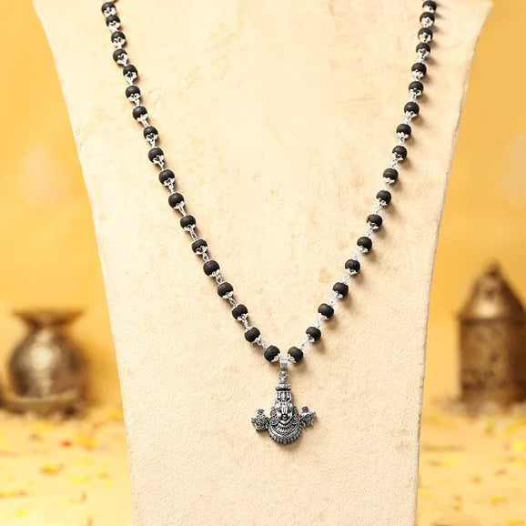 Silver-Capped Karungali Malai with Lord Venkateswara Face Pendant