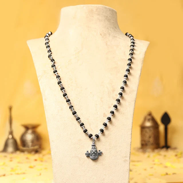 Silver-Capped Karungali Malai with Lord Venkateswara Face Pendant - view 2