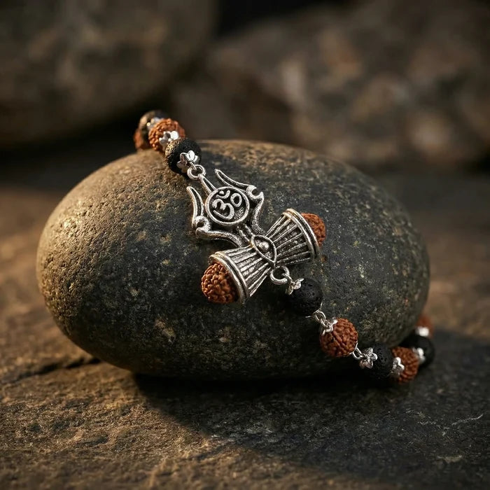 Silver Capped Karungali Rudraksha OM Trishul Damroo Bracelet