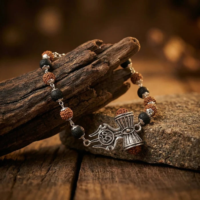 Silver Capped Karungali Rudraksha OM Trishul Damroo Bracelet
