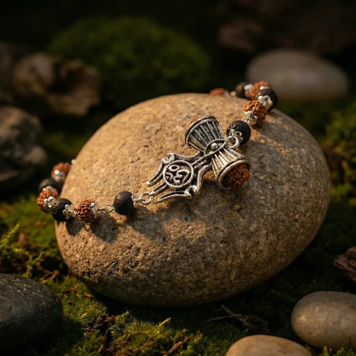 Silver Capped Karungali Rudraksha OM Trishul Damroo Bracelet - view 2