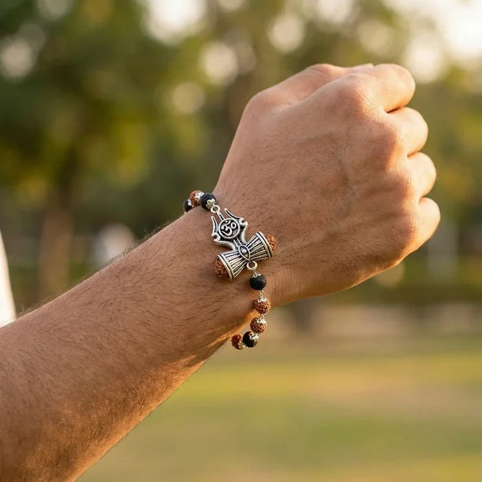 Silver Capped Karungali Rudraksha OM Trishul Damroo Bracelet - view 7