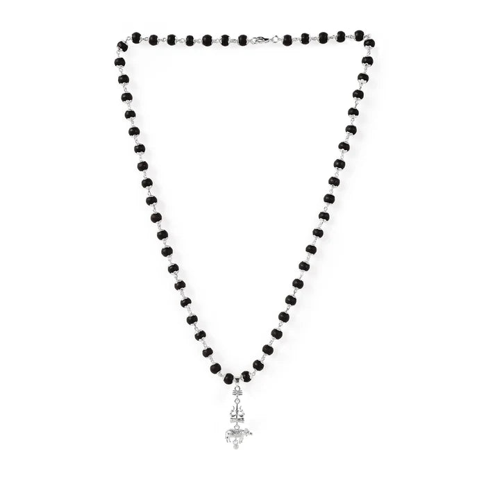 Silver Cap Karungali Mala with Trishul Nandi Pendant