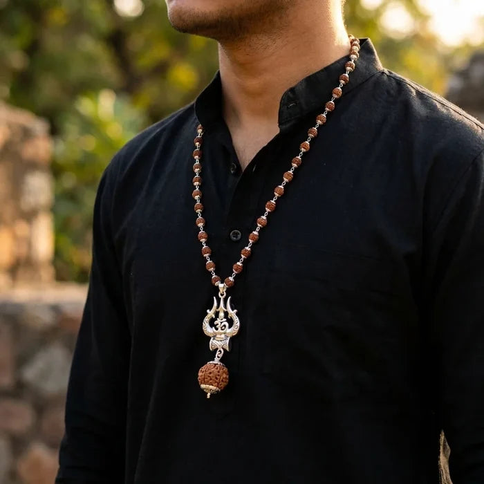 Silver Capped Rudraksha Mala with Trishul Damroo and 5 Mukhi Rudraksha
