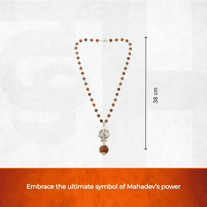 Silver Capped Rudraksha Mala with Trishul Damroo and 5 Mukhi Rudraksha - view 2