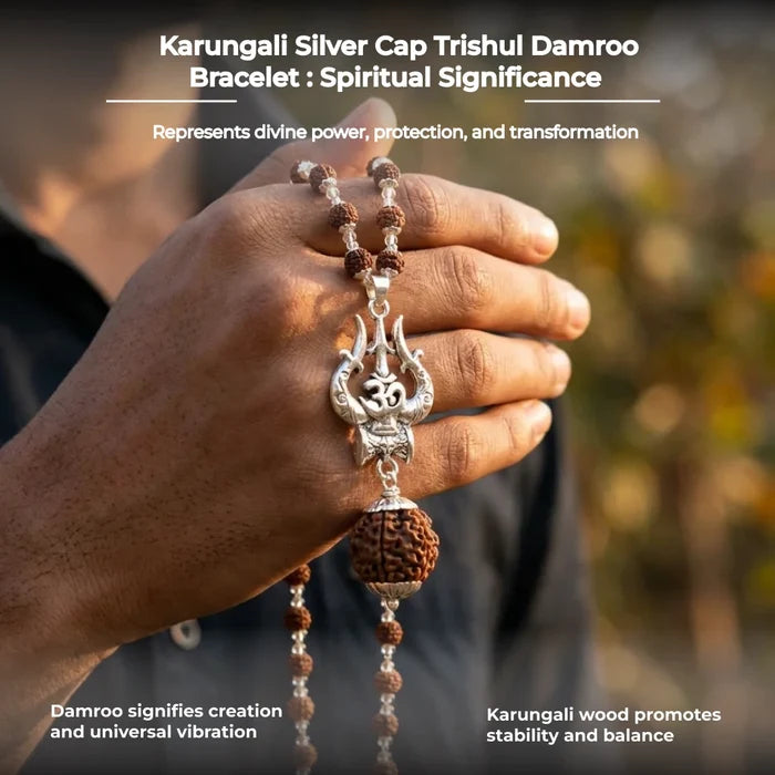 Silver Capped Rudraksha Mala with Trishul Damroo and 5 Mukhi Rudraksha - view 3