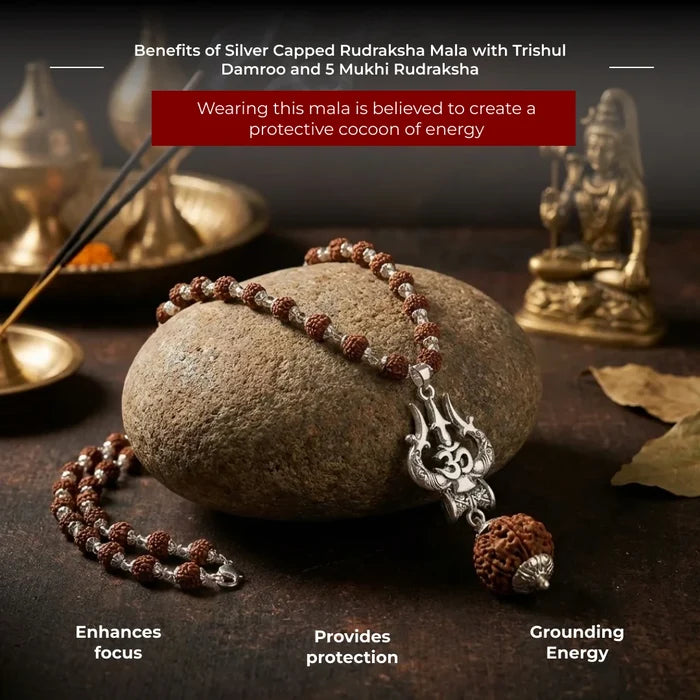 Silver Capped Rudraksha Mala with Trishul Damroo and 5 Mukhi Rudraksha - view 4