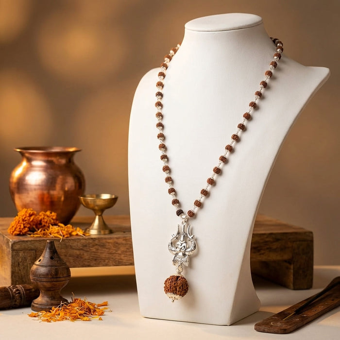 Silver Capped Rudraksha Mala with Trishul Damroo and 5 Mukhi Rudraksha - view 5