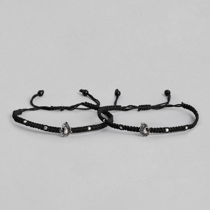 Silver Plumage 925 Sterling Silver Peacock Anklet with Black Thread