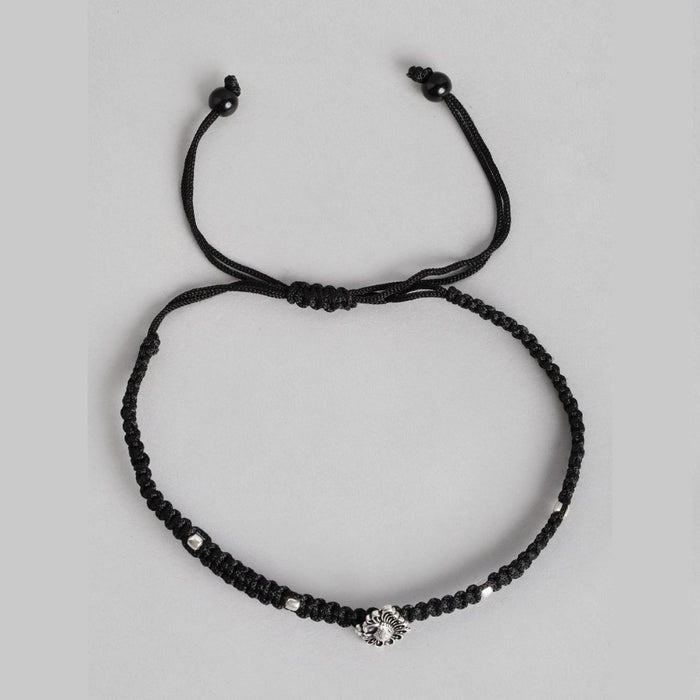 Silver Plumage 925 Sterling Silver Peacock Anklet with Black Thread