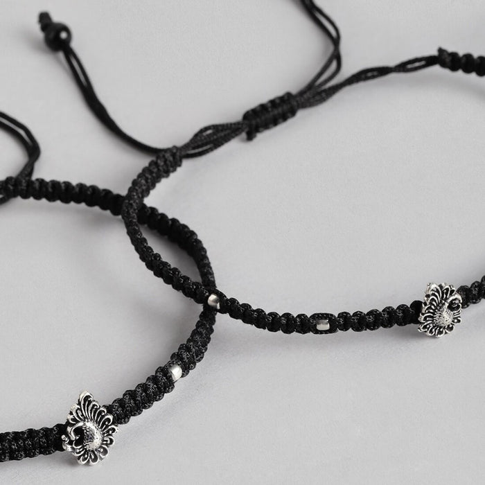 Silver Plumage 925 Sterling Silver Peacock Anklet with Black Thread