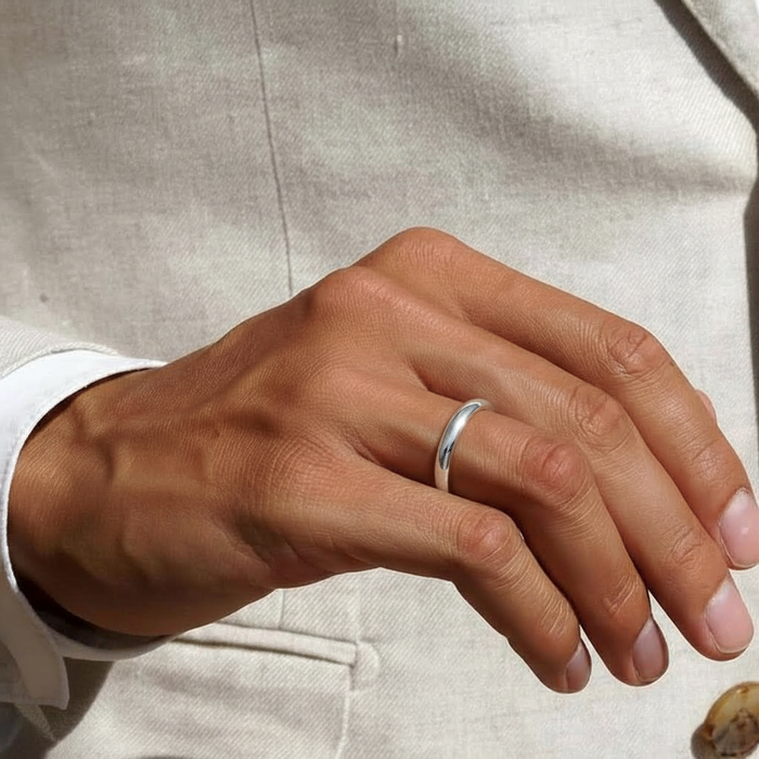 Simple Band Rhodium Plated 925 Silver Mens Ring (Adjustable)