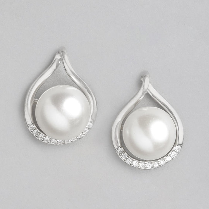 Simple Elegance Pearl Duo Rhodium-Plated 925 Sterling Silver Earrings