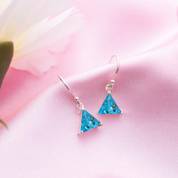 Sky's Serenity Rhodium Plated Blue CZ 925 Sterling Silver Triangle Earrings
