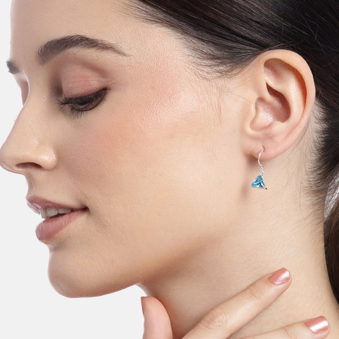 Sky's Serenity Rhodium Plated Blue CZ 925 Sterling Silver Triangle Earrings
