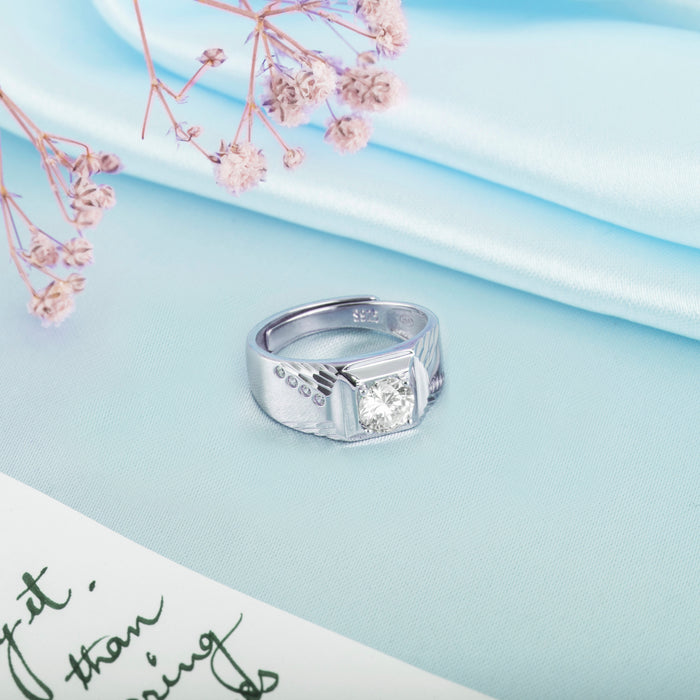 Adjustable 925 Sterling Silver ring with CZ stone on blue silk. Perfect men's jewellery gift for him – Zavya