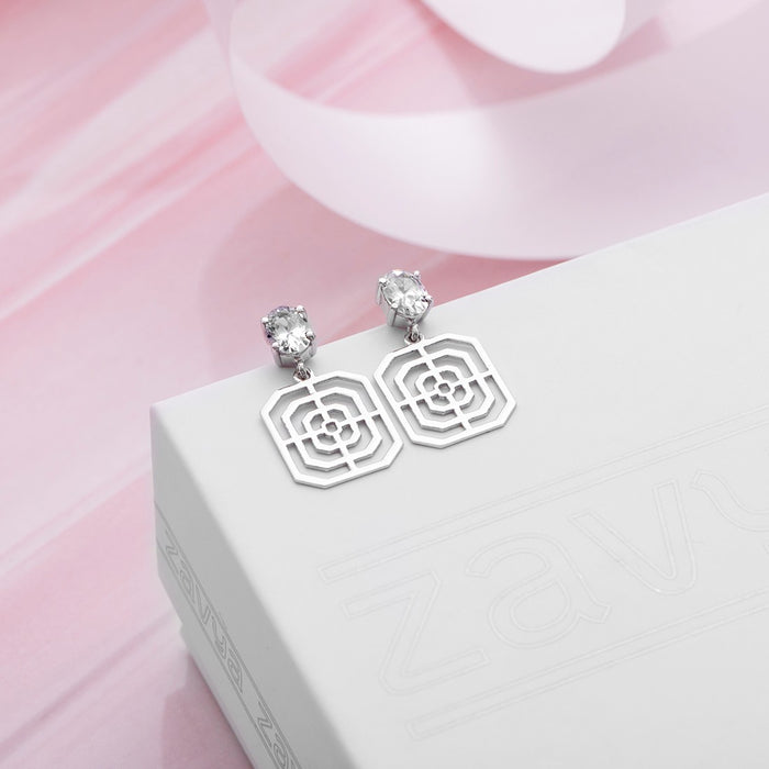 Solitaire Geometric Rhodium Plated 925 Sterling Silver Drop Earrings