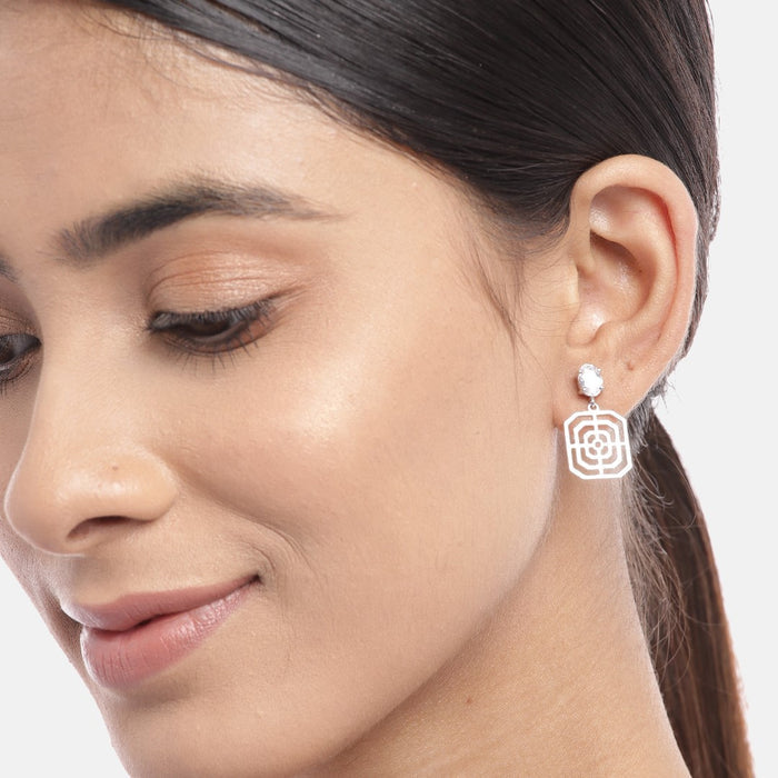 Solitaire Geometric Rhodium Plated 925 Sterling Silver Drop Earrings