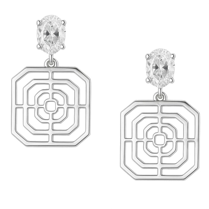 Solitaire Geometric Rhodium Plated 925 Sterling Silver Drop Earrings