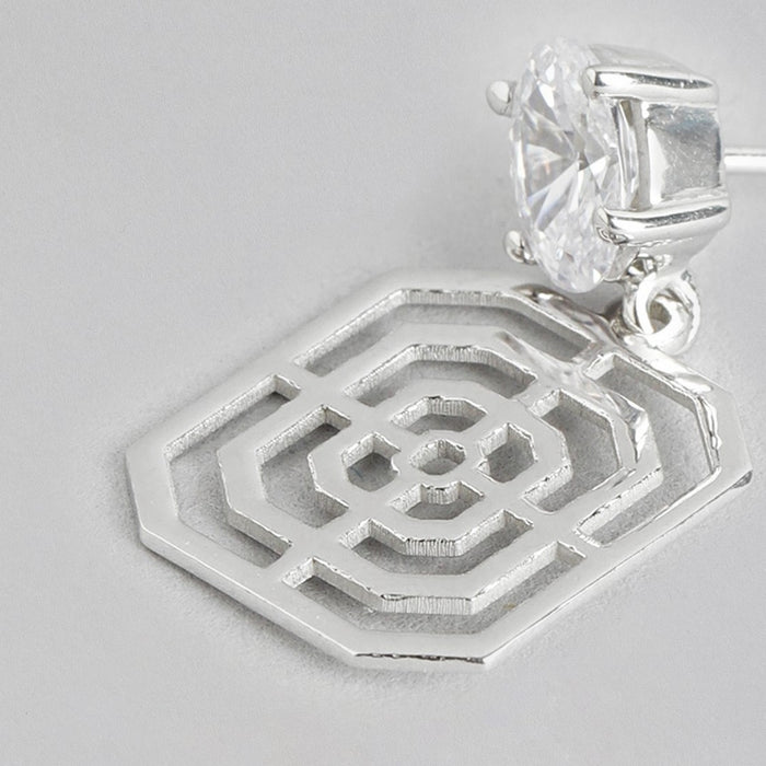 Solitaire Geometric Rhodium Plated 925 Sterling Silver Drop Earrings