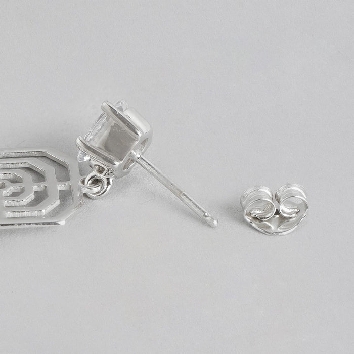 Solitaire Geometric Rhodium Plated 925 Sterling Silver Drop Earrings
