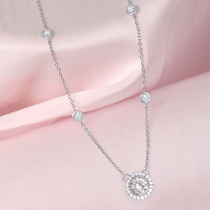 Solitaire Halo Rhodium Plated 925 Sterling Silver Charm Necklace