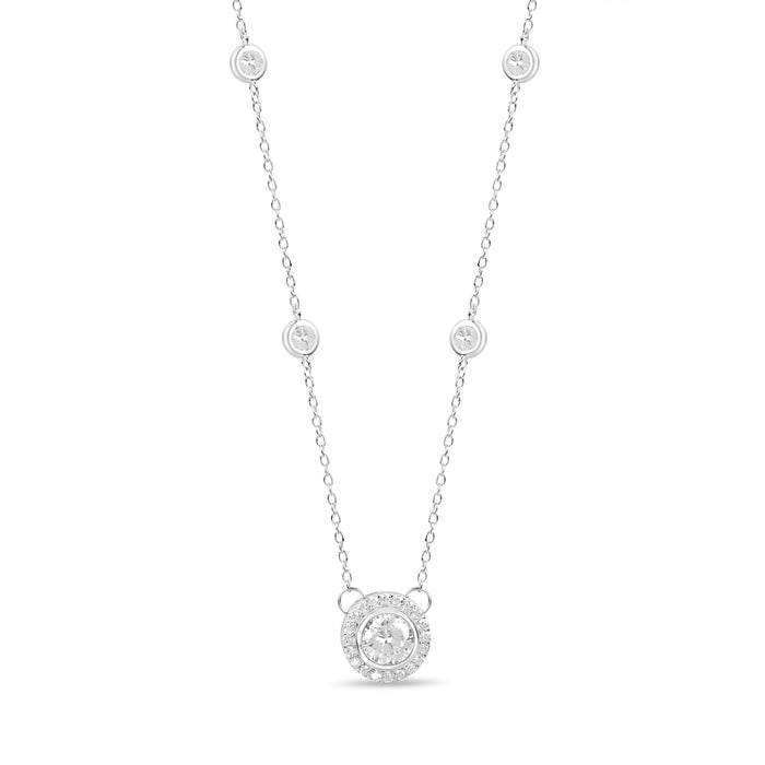Solitaire Halo Rhodium Plated 925 Sterling Silver Charm Necklace
