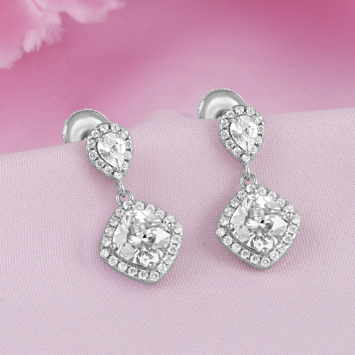Solitaire Halo Rhodium Plated 925 Sterling Silver Earrings