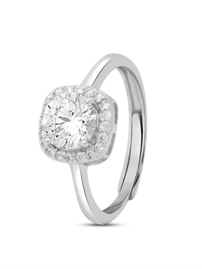 Solitaire Halo Rhodium Plated 925 Sterling Silver Ring