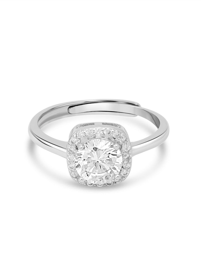 Solitaire Halo Rhodium Plated 925 Sterling Silver Ring