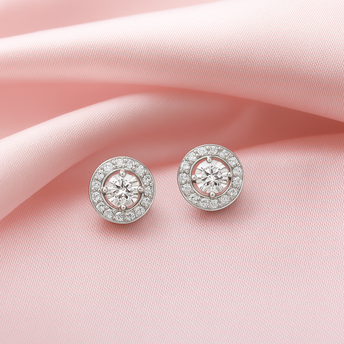 Solitaire Halo Rhodium Plated 925 Sterling Silver Stud Earrings