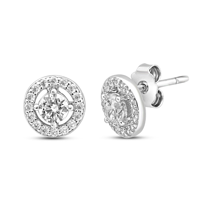 Solitaire Halo Rhodium Plated 925 Sterling Silver Stud Earrings