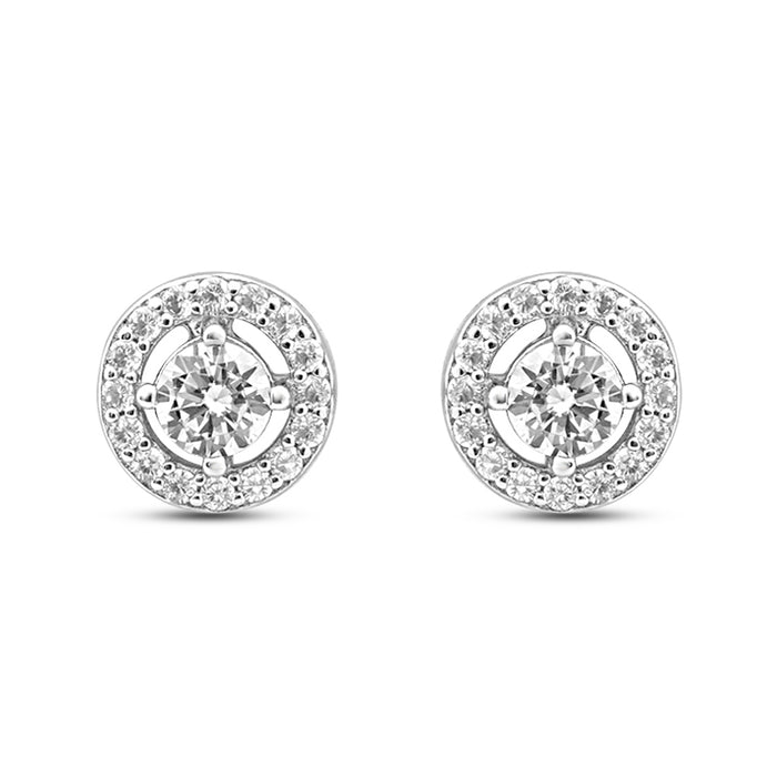 Solitaire Halo Rhodium Plated 925 Sterling Silver Stud Earrings
