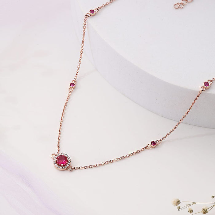 Solitaire Halo Rose Gold Plated 925 Sterling Silver Necklace