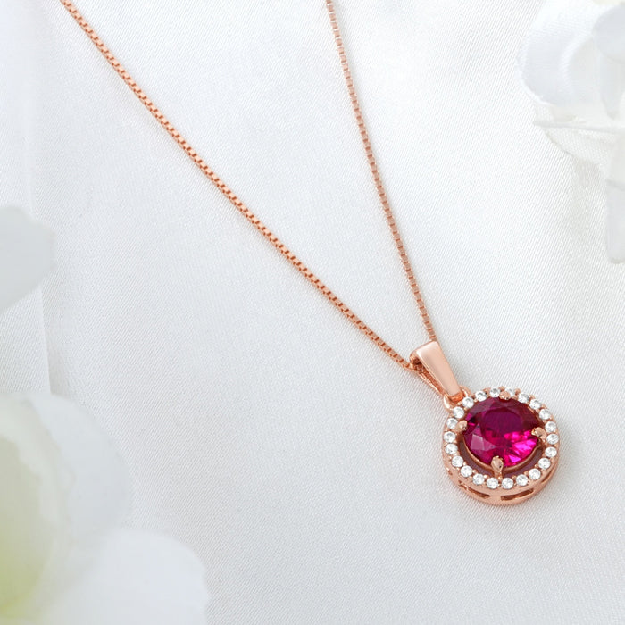 Solitaire Halo Ruby Rose Gold Plated 925 Silver Pendants