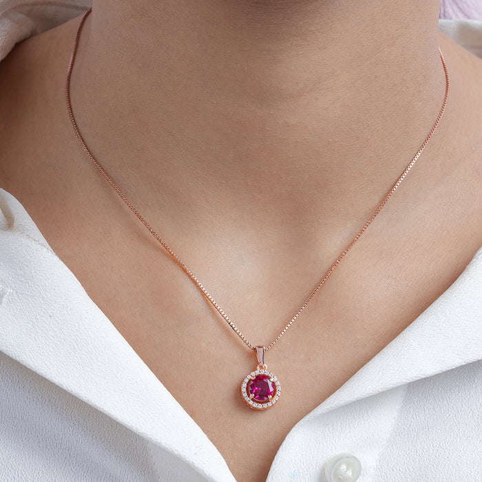 Solitaire Halo Ruby Rose Gold Plated 925 Silver Pendants