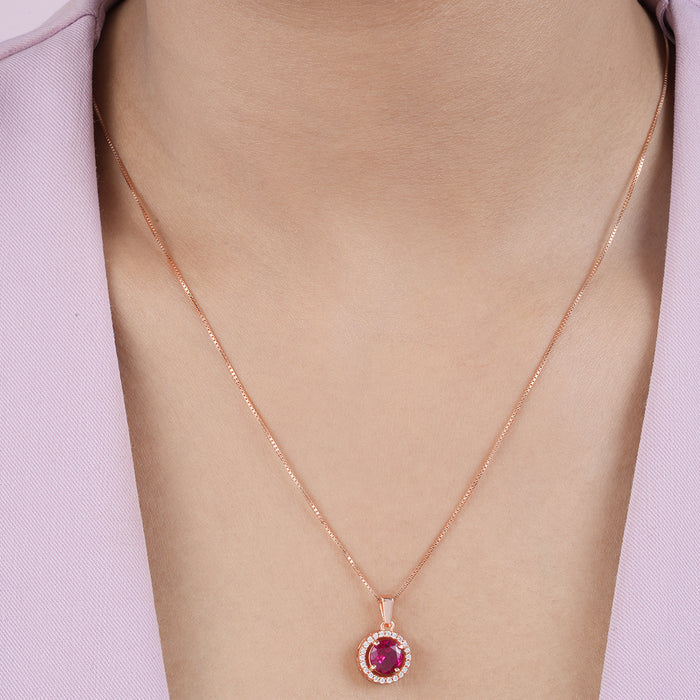 Solitaire Halo Ruby Rose Gold Plated 925 Silver Pendants