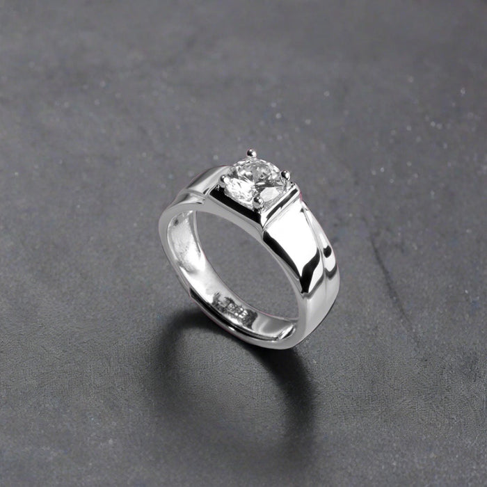 Solitaire Resolute CZ Rhodium Plated 925 Silver Mens Ring(Adjustable)