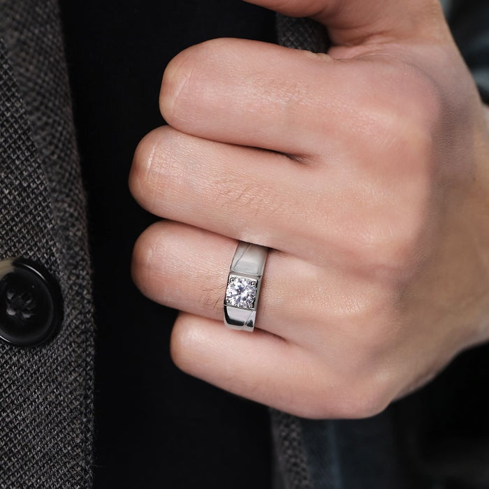 Solitaire Resolute CZ Rhodium Plated 925 Silver Mens Ring(Adjustable)