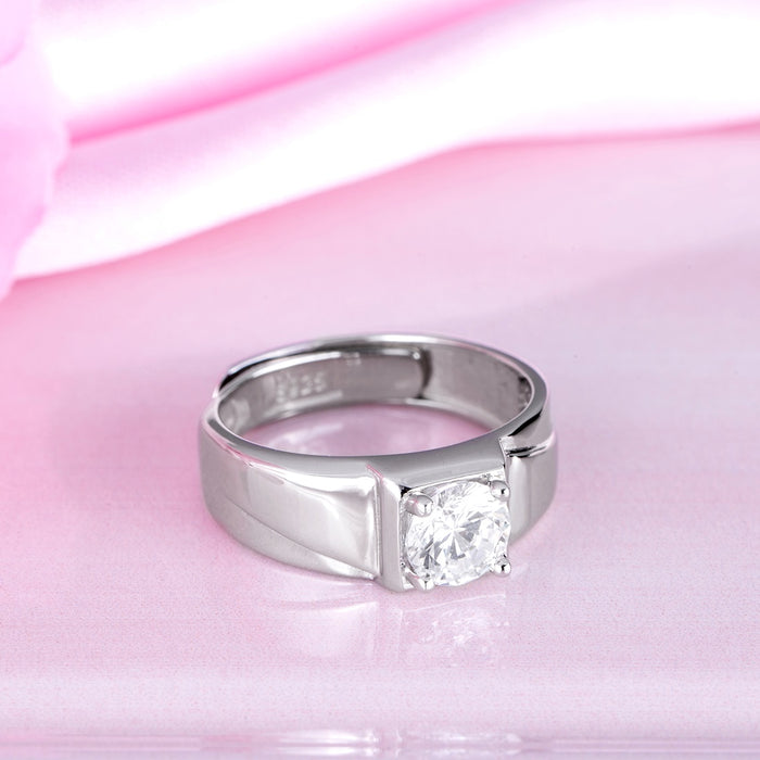 Solitaire Resolute CZ Rhodium Plated 925 Silver Mens Ring(Adjustable)
