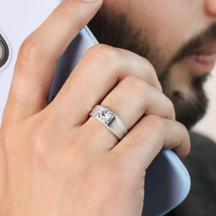Solitaire Resolute CZ Rhodium Plated 925 Silver Mens Ring(Adjustable)