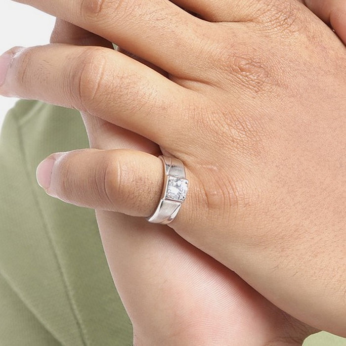 Solitaire Resolute CZ Rhodium Plated 925 Silver Mens Ring(Adjustable)