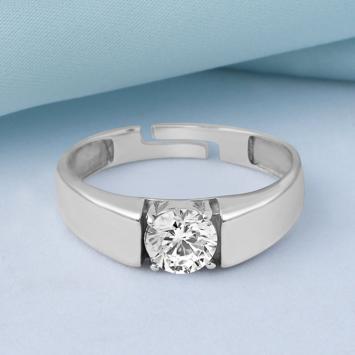 Solitaire Rhodium Plated 925 Sterling Silver Men's Ring (Adjustable)