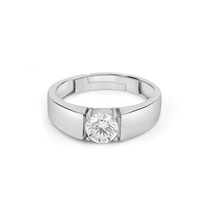 Solitaire Rhodium Plated 925 Sterling Silver Men's Ring (Adjustable)