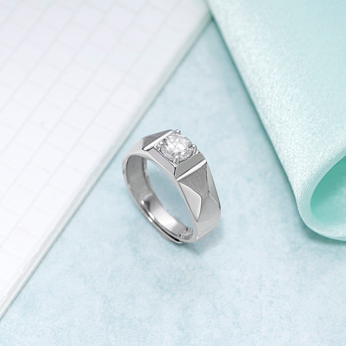 Solitaire Rhodium Plated 925 Sterling Silver Ring for Him (Adjustable)