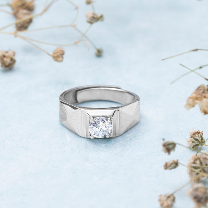 Solitaire Rhodium Plated 925 Sterling Silver Ring for Him (Adjustable)