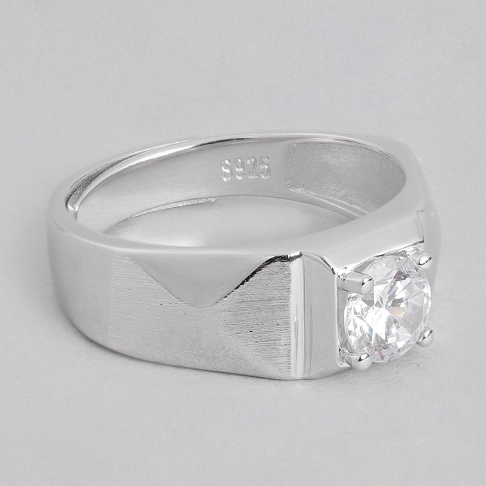 Solitaire Rhodium Plated 925 Sterling Silver Ring for Him (Adjustable)