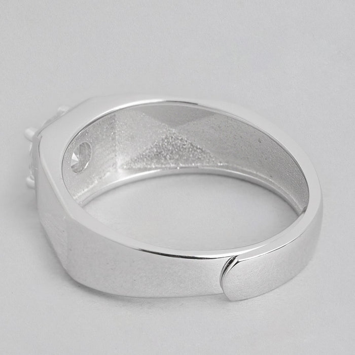 Solitaire Rhodium Plated 925 Sterling Silver Ring for Him (Adjustable)